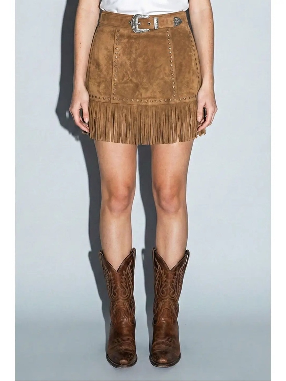 Fringed Suede Mini Skirt in Tan with Western Belt